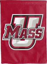 Load image into Gallery viewer, red double sided house flag with 3D umass logo for man cave decor