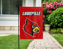 Load image into Gallery viewer, red louisville university garden flag hung outside for yard decor