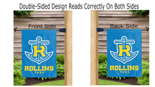 Load image into Gallery viewer, rollins college tars logo reading correctly on both sides of light blue double sided garden flag