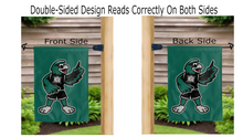 Load image into Gallery viewer, rowdy the riverhawk logo reading correctly on both sides fo green nsu double sided garden flag