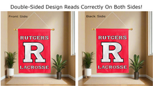 Load image into Gallery viewer, rutgers lacrosse logo reading correctly on both sides of red double sided house flag