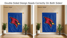 Load image into Gallery viewer, saginaw valley state university logo reading correctly on both sides of blue double sided house flag