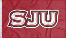 Load image into Gallery viewer, red saint joseph's university flag with sju hawks logo for college dorm decor