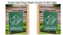 Load image into Gallery viewer, saint leo university logo reading correctly on both sides of green double sided garden flag