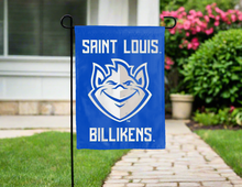 Load image into Gallery viewer, blue saint louis billikens garden flag hung outside for yard decor