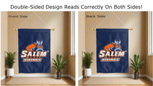 Load image into Gallery viewer, salem state vikings logo reading correctly on both sides of blue double sided house flag