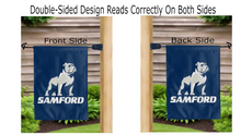 Load image into Gallery viewer, samford university logo reading correctly on both sides of blue double sided garden flag