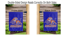 Load image into Gallery viewer, savannah state university logo reading correctly on both sides of blue double sided garden flag