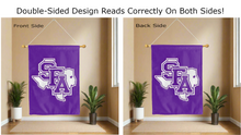 Load image into Gallery viewer, sfa logo reading correctly on both sides of double sided house flag