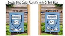 Load image into Gallery viewer, shield and go tar heels logo reading correctly on both sides of university of north carolina garden flag