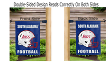 Load image into Gallery viewer, south alabama football logo reading correctly on both sides of blue double sided garden flag