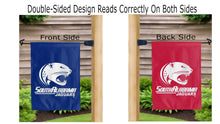 Load image into Gallery viewer, south alabama jaguars logo reading correctly on both sides of blue and red double sided garden flag