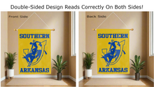 Load image into Gallery viewer, southern arkansas university logo reading correctly on both sides of gold double sided house flag