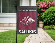 Load image into Gallery viewer, southern illinois university garden flag hung outside a driveway for yard decor