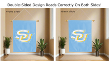 Load image into Gallery viewer, southern university logo reading correctly on both sides of blue double sided house flag