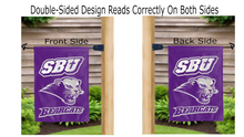 Load image into Gallery viewer, southwest baptist university sbu bearcats logo reading correctly on both sides of purple garden flag