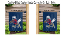 Load image into Gallery viewer, sparky the eagle logo reading correctly on both sides of blue liberty university garden flag