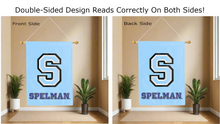Load image into Gallery viewer, spelman college logo reading correctly on both sides of light blue double sided house flag