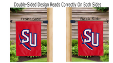 Load image into Gallery viewer, su logo reading correctly on both sides of red shenandoah university double sided garden flag