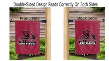 Load image into Gallery viewer, suny potsdam bears logo reading correctly on both sides of red double sided garden flag