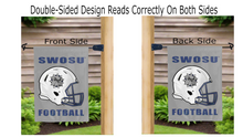 Load image into Gallery viewer, swosu football logo reading correctly on both sides of grey double sided garden flag