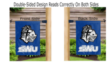 Load image into Gallery viewer, swu warriors logo reading correctly on both sides of blue double sided garden flag
