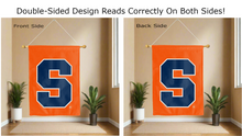Load image into Gallery viewer, syracuse university logo reading correctly on both sides of orange double sided house flag