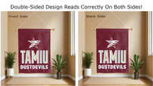 Load image into Gallery viewer, tamiu dustdevils logo reading correctly on both sides of maroon double sided house flag