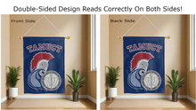 Load image into Gallery viewer, tamuct warriors logo reading correctly on both sides of blue double sided house flag