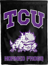Load image into Gallery viewer, black tcu horned frogs double sided house flag for college dorm decor