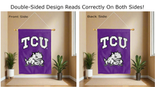 Load image into Gallery viewer, tcu logo reading correctly on both sides of purple double sided house flag