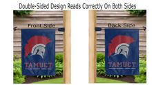Load image into Gallery viewer, texas A&M university central texas tamuct logo reading correctly on both sides of blue double sided garden flag