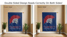 Load image into Gallery viewer, texas A&M university central texas tamuct logo reading correctly on both sides of blue double sided house flag