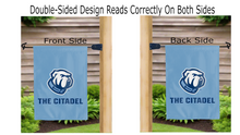 Load image into Gallery viewer, the citadel logo reading correctly on both sides of light blue garden flag