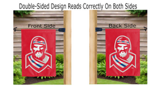 Load image into Gallery viewer, the highlander logo reading correctly on both sides of red radford university double sided garden flag