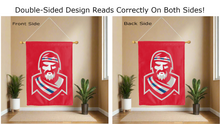 Load image into Gallery viewer, the highlander logo reading correctly on both sides of red radford university double sided house flag