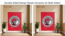 Load image into Gallery viewer, the university of tampa spartans logo reading correctly on both sides of red double sided house flag