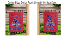 Load image into Gallery viewer, this is american university country logo reading correctly on both sides of red double sided garden flag