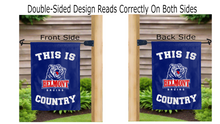 Load image into Gallery viewer, this is belmont bruins country logo reading correctly on both sides of blue double sided garden flag