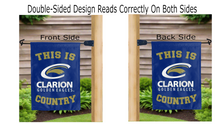 Load image into Gallery viewer, this is clarion golden eagles country logo reading correctly on both sides of blue double sided garden flag