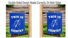 Load image into Gallery viewer, this is ecsu vikings country logo reading correctly on both sides of blue double sided garden flag