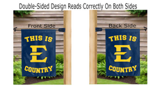 Load image into Gallery viewer, this is etsu buccaneers country logo reading correctly on both sides of blue double sided garden flag
