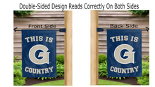 Load image into Gallery viewer, this is georgetown university country logo reading correctly on both sides of blue double sided garden flag