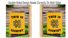 Load image into Gallery viewer, this is kennesaw state country logo reading correctly on both sides of gold double sided garden flag