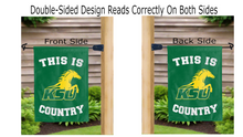 Load image into Gallery viewer, this is ksu thorobreds country logo reading correctly on both sides of green double sided garden flag