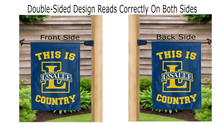 Load image into Gallery viewer, this is la salle explorers country logo reading correctly on both sides of blue double sided garden flag