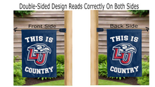 Load image into Gallery viewer, this is liberty university country logo reading correctly on both sides of blue garden flag