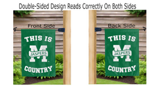 Load image into Gallery viewer, this is manhattan jaspers country logo reading correctly on both sides of green double sided garden flag