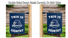 Load image into Gallery viewer, this is monmouth hawks country logo reading correctly on both sides of blue double sided garden flag
