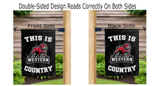 Load image into Gallery viewer, this is montana western country logo reading correctly on both sides of black double sided garden flag